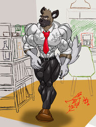  3:4 absurd_res aggretsuko anthro biceps big_muscles bulge clothed clothing detailed_bulge genital_outline haida_(aggretsuko) hi_res huge_muscles hyena hyper hyper_muscles lobo_serchwolf male mammal muscular muscular_male penis_outline sanrio smile solo spotted_hyena 