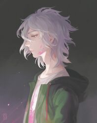  1boy artist_name blood blood_on_face collarbone commentary_request danganronpa_(series) danganronpa_2:_goodbye_despair driftwoodwolf expressionless from_side green_jacket grey_hair hair_between_eyes jacket komaeda_nagito looking_down male_focus medium_hair messy_hair open_clothes open_jacket pink_blood print_shirt profile shirt solo upper_body white_shirt 