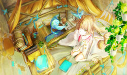  animal_ears bed bird blonde_hair blue_bird book bucket fantasy female from_above green_eyes hammock highres indoors ladder original paru_(parucom) plant pot potted_plant scenery sitting wariza window 