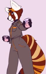  ailurid alcohol anthro athletic athletic_anthro athletic_male beverage big_tail charlie_(razumi) clothing feminine_pose hi_res inviting jumpsuit male mammal markings military military_uniform offering_beverage red_panda ring_(marking) ringed_tail sleepyscreen smile solo striped_markings striped_tail stripes tail tail_markings uniform 