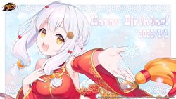  bow braid china_dress chinese_clothes copyright_name copyright_notice dress english_commentary female hair_ornament happy_birthday kusumoto_shizuru logo looking_at_viewer mahjong_soul official_art official_wallpaper open_mouth outstretched_arm red_bow side_braid smile snowflakes solo white_hair yellow_eyes 