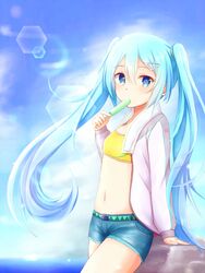  bikini bikini_top_only blue_eyes blue_hair blue_shorts blue_sky commentary_request cowboy_shot day denim denim_shorts female flat_chest floating_hair food hair_between_eyes hair_ornament hairclip hatsune_miku jacket long_hair long_sleeves looking_at_viewer midriff natsu_(927013) navel open_clothes open_jacket popsicle short_shorts shorts sky solo standing stomach swimsuit twintails very_long_hair vocaloid white_jacket yellow_bikini 