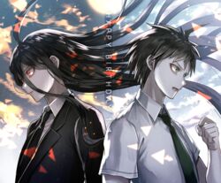  2boys ahoge artist_name back-to-back black_hair black_necktie brown_eyes brown_hair collared_shirt commentary_request danganronpa_(series) danganronpa_2:_goodbye_despair dual_persona floating_hair from_side green_necktie hand_up happy_birthday hinata_hajime kamukura_izuru long_hair long_sleeves lower_teeth_only male_focus multiple_boys necktie open_mouth outdoors red_eyes shirt short_hair short_sleeves teeth upper_body very_long_hair white_shirt z-epto_(chat-noir86) 