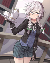  black_gloves black_ribbon blue_vest bow braid breasts butler closed_mouth cowboy_shot cup female female_butler fingerless_gloves gloves green_bow grey_eyes hairbow indoors isemori izayoi_sakuya light_smile long_hair looking_at_viewer medium_breasts messy_hair monocle neck_ribbon ribbon shorts solo standing striped_clothes striped_shorts teacup teapot touhou tray twin_braids vest white_hair 