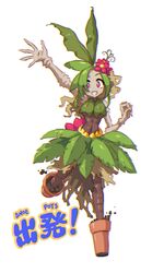  commentary dryad english_commentary female flower flower_pot grin hair_flower hair_ornament john_su kanji kanji_focus leg_up monster_girl original outstretched_arm palm_leaf pink_eyes pink_flower plant plant_girl plant_hair potted_plant pun smile solo standing standing_on_one_leg translated waving white_background 