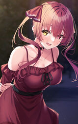  blush breasts cleavage collar collarbone dress female hair_between_eyes hair_ribbon heterochromia highres hololive houshou_marine long_hair medium_breasts off-shoulder_dress off_shoulder open_mouth primamiya red_dress red_eyes red_hair ribbon solo twintails virtual_youtuber yellow_eyes 