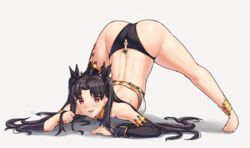  anklet arm_support ass barefoot bikini black_hair blush breasts bridal_gauntlets english_commentary fate/grand_order fate_(series) female flexible full_body grey_background ishtar_(fate) jack-o&#039;_challenge jewelry long_hair looking_at_viewer mismatched_bikini neck_ring open_mouth red_eyes sarhce shadow simple_background single_bridal_gauntlet single_thighhigh smile solo spread_legs swimsuit thighhighs top-down_bottom-up two_side_up 