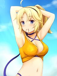  armpits arms_behind_head bikini blonde_hair blue_eyes blue_ribbon blue_sky breasts choker cleavage closed_mouth collarbone day female hair_between_eyes highres kohagura_ellen long_hair looking_at_viewer medium_breasts mouth_hold natsu_(927013) navel outdoors ribbon sky smile solo summer swimsuit toji_no_miko tying_hair upper_body yellow_bikini 