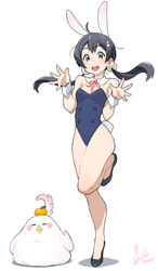  adapted_costume animal_ears bare_legs bird black_footwear black_hair blue_eyes blue_leotard commentary_request dera_mochimazzui detached_collar female food food_on_head fruit fruit_on_head high_heels highres hori_shin kitashirakawa_tamako legs leotard long_hair looking_at_viewer low_twintails mandarin_orange mochi_hair_ornament neck_ribbon object_on_head open_mouth playboy_bunny rabbit_ears rabbit_tail red_ribbon ribbon round_teeth simple_background smile standing standing_on_one_leg tail tamako_market teeth toe_cleavage twintails upper_teeth_only white_background wrist_cuffs 