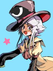  1other androgynous bow brown_coat coat commentary_request grey_eyes grey_hair hat hemo_(hemoroda) houlen_yabusame large_hat len&#039;en open_mouth other_focus short_hair short_hair_with_long_locks smile solo star_(symbol) top_hat 