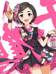  :d black_hair black_skirt black_wristband blush bucket female floral_print flower hair_flower hair_ornament haua highres holding holding_bucket idolmaster idolmaster_cinderella_girls looking_at_viewer matsuo_chizuru paint_can paintbrush painting_(action) pink_skirt purple_eyes short_hair skirt smile solo two-tone_skirt 