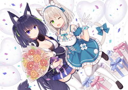  2girls ;d animal_ear_fluff animal_ears balloon black_footwear black_hair black_jacket blue_bow blue_dress blue_sleeves bouquet bow box breasts cat_ears cat_girl cat_tail cleavage cleavage_cutout closed_mouth clothing_cutout collar commentary_request confetti detached_collar detached_sleeves dress flower fox_ears fox_girl fox_tail frilled_dress frills gift gift_box green_eyes grey_hair guild_cq hair_between_eyes headphones headphones_around_neck heart_balloon hitsuki_rei hugging_object itou_yuna jacket loafers long_sleeves maid_headdress medium_breasts multiple_girls oerba_yun_fang one_eye_closed open_mouth puffy_short_sleeves puffy_sleeves purple_eyes quon_tama shoes short_sleeves sleeves_past_wrists smile standing standing_on_one_leg tail tail_bow tail_ornament thighhighs two_side_up virtual_youtuber white_background white_collar white_legwear white_thighhighs wing_collar zettai_ryouiki 