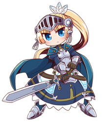  armor armored_boots armored_dress black_gloves blonde_hair blue_cape blue_dress blue_eyes blush boots breastplate cape chibi closed_mouth commentary_request dress feather_hair_ornament feathers female forte_(rune_factory) full_body gloves hair_ornament high_ponytail highres holding holding_sword holding_weapon juliet_sleeves long_hair long_sleeves looking_at_viewer naga_u parted_bangs ponytail puffy_sleeves rune_factory rune_factory_4 simple_background solo standing sword v-shaped_eyebrows vambraces very_long_hair visor_(armor) weapon white_background white_feathers 