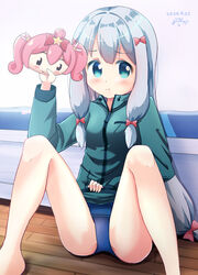  bed blue_eyes blue_one-piece_swimsuit bow commentary_request dated eromanga_sensei female green_jacket grey_hair hairbow highres hoshikuzu_witch_meruru inakami izumi_sagiri jacket long_hair looking_at_viewer low-tied_long_hair mask md5_mismatch meruru_(oreimo) one-piece_swimsuit pink_bow pout school_swimsuit signature solo spread_legs swimsuit swimsuit_under_clothes 