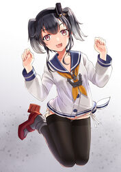  black_hair black_pantyhose brown_eyes collarbone female gradient_background grey_background grey_hair hair_between_eyes hat high_heels jumping kantai_collection looking_at_viewer lowleg lowleg_pantyhose mayura_(lucadia) open_mouth panties pantyhose red_footwear rudder_footwear seamed_legwear shirt short_hair short_hair_with_long_locks side-seamed_legwear side-tie_panties sidelocks solo tied_shirt tokitsukaze_(kancolle) underwear white_panties 