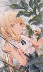  absurdres animal_ears blonde_hair brown_eyes day dress female flower highres long_hair original outdoors paru_(parucom) rain sleeveless sleeveless_dress smelling standing umbrella wet 