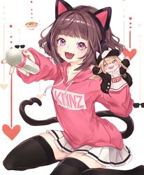  :3 :d absurdres animal_ear_headphones animal_ears brown_hair cat_ear_headphones cat_tail character_doll copyright_name fake_animal_ears female hand_puppet headphones heart highres hood hoodie kmnz mc_lita mc_liz medium_hair microphone nail_polish oerba_yun_fang open_mouth paru_(parucom) pink_hoodie pink_nails puppet purple_eyes simple_background skirt smile tail thighhighs virtual_youtuber white_background white_skirt 