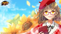  beret book brown_hair copyright_name copyright_notice english_commentary female flower glasses happy_birthday hat holding holding_book kotsuru_kari lapel_pin leaf logo mahjong_soul ninomiya_hana official_art official_wallpaper red-framed_eyewear red_hat sky smile solo sunflower sweater yellow_eyes 