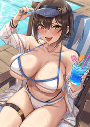  absurdres after_paizuri bare_shoulders beach_chair bikini blush breasts brown_hair cleavage collarbone commentary_request cup female highres jacket large_breasts long_sleeves looking_at_viewer momo_no_sukebe momose_natsuki_(momo_no_sukebe) navel off_shoulder open_clothes open_jacket open_mouth original short_hair sitting smile solo swimsuit thigh_strap thighs tongue tongue_out variant_set visor_cap wet white_bikini white_jacket yellow_eyes 