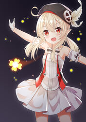  :d absurdres ahoge clover_print commentary_request female genshin_impact gloves hair_between_eyes hat highres klee_(genshin_impact) light_brown_hair long_hair looking_at_viewer low_twintails lr_(last_remote_514) official_alternate_costume open_mouth outstretched_arms pointy_ears red_eyes sidelocks smile solo spread_arms twintails white_gloves 