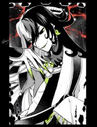  1boy akimitsu-dono ashiya_douman_(fate) asymmetrical_clothes asymmetrical_hair bell black_eyes black_hair curly_hair earrings evil_smile extra_ears eyeshadow fate/grand_order fate_(series) fingernails green_eyeshadow green_lips green_nails hadanugi_dousa hair_bell hair_between_eyes hair_intakes hair_ornament japanese_clothes jewelry kimono lipstick long_hair magatama magatama_earrings makeup male_focus monster multicolored_hair onmyouji open_clothes open_kimono ribbed_sleeves sharp_fingernails smile split-color_hair spot_color toned toned_male two-tone_hair upper_body vanpiru_jun very_long_fingernails very_long_hair white_hair 