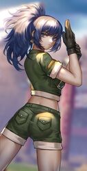  absurdres adjusting_clothes adjusting_gloves ass black_gloves blue_eyes blue_hair blurry blurry_background crop_top earrings female gloves green_jacket green_shorts highres hua-j jacket jewelry leona_heidern looking_at_viewer midriff military military_uniform ponytail shorts snk solo the_king_of_fighters the_king_of_fighters_xv triangle_earrings uniform 