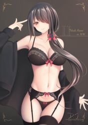  absurdres black_background black_bra black_garter_belt black_hair black_panties black_thighhighs bow bra breasts character_name d.j_(dwcg2854) date_a_live dated female garter_belt hair_over_one_eye hairbow highres lace-trimmed_bra lace_trim long_hair looking_at_viewer panties red_bow red_eyes simple_background solo thighhighs tokisaki_kurumi underwear 