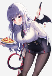  black_necktie black_pantyhose black_skirt blue_archive blush bow breasts closed_mouth female food grey_hair hairbow haruna_(blue_archive) highres holding holding_plate large_breasts long_hair long_sleeves looking_at_viewer necktie omelet omurice pantyhose pink_bow plate primamiya red_eyes skirt smile solo tail 