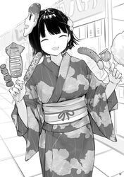  :d ^_^ absurdres between_fingers blush candy_apple chocolate_banana closed_eyes commentary_request cotton_candy female floral_print food greyscale highres holding holding_food hot_dog ikayaki japanese_clothes kimono long_sleeves market_stall mask mask_on_head monochrome obi open_mouth original print_kimono sash short_hair skewer smile solo takenoko_no_you wide_sleeves 