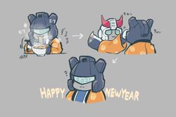  2021 2boys ? assault_visor autobot bad_id bad_twitter_id blue_eyes chibi chopsticks eating food grey_background happy_new_year highres holding holding_chopsticks iroha23628 japanese_clothes jazz_(transformers) male_focus mecha multiple_boys new_year no_humans noodles prowl_(transformers) ramen robot science_fiction transformers transformers:_generation_1 v-fin wiping_face 