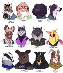  2_horns african_wild_dog alice_tonner alternative_fashion ambiguous_gender angora_rabbit antennae_(anatomy) anthro arthropod badger basira_hussain bat borzoi bovid canid canine canis caprine character_name clothed clothing dire_wolf domestic_cat domestic_dog domestic_rabbit elias_bouchard english_text extinct eyewear fangs felid feline felis fluffy fur fur_markings georgie_barker gerard_keay gertrude_robinson glasses goat goth group headgear headwear headwrap hi_res hijab horn hunting_dog insects irrisorie jonathan_sims lagomorph lepidopteran leporid mammal markings martin_blackwood megabat melanie_king moth mustelid musteline notthem oryctolagus prehistoric_species rabbit religious_clothing religious_headwear rosy_maple_moth sasha_james sheep sighthound species_name tabby_cat tape_recorder teeth text the_magnus_archives tim_stoker tuxedo_cat whippet 