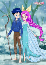  1boy barefoot blue_eyes blue_hair braid cosplay diermeng_huakai dress elsa_(frozen) elsa_(frozen)_(cosplay) female frozen_(disney) highres holding_hands hood jack_frost_(rise_of_the_guardians) jack_frost_(rise_of_the_guardians)_(cosplay) kang_hyun pants power_connection rise_of_the_guardians single_braid smile staff yolang yolang_and_yolang 