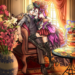  1boy :o black_footwear black_headwear blonde_hair boots breasts brown_eyes brown_hair cleavage commentary_request cup cupcake curtains dessert earrings female flower food fork fushigi_yuugi gloves hand_on_another&#039;s_waist hat hat_flower high_heel_boots high_heels highres hongou_yui indoors jewelry lipstick makeup medium_breasts navel necklace necktie plate purple_necktie red_skirt rug sitting skirt straight table tamari_(flawless) teacup thigh_boots tiered_tray vase vest window 