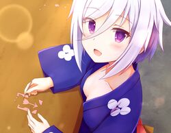  :d blue_kimono blush breasts cleavage collarbone female from_above hair_between_eyes holding itomi_sayaka japanese_clothes kimono long_sleeves looking_at_viewer natsu_(927013) open_mouth purple_eyes short_hair sitting small_breasts smile solo swept_bangs toji_no_miko white_hair wide_sleeves 