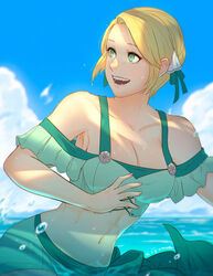  alternate_costume bikini blonde_hair breasts cleavage fangs female fire_emblem fire_emblem:_three_houses fire_emblem_heroes green_bikini green_eyes highres ingrid_brandl_galatea ingrid_brandl_galatea_(summer) koyorin large_breasts looking_to_the_side navel off-shoulder_bikini off_shoulder official_alternate_costume open_mouth short_hair solo swimsuit 