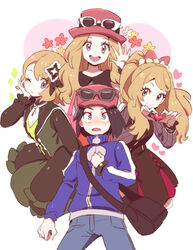  1boy bad_id bad_twitter_id bag black_hair blue_jacket blush bracelet calem_(pokemon) collared_shirt commentary_request dede_(qwea_00000) dress eyewear_on_headwear female flower grey_eyes hand_up handbag hat heart jacket jewelry korean_commentary long_hair long_sleeves mega_ring messenger_bag multiple_views official_alternate_costume open_mouth pink_bag pokemon pokemon_masters_ex pokemon_xy red_headwear serena_(palentine&#039;s_2021)_(pokemon) serena_(pokemon) serena_(sygna_suit)_(pokemon) shirt short_hair shoulder_bag sparkle sunglasses tongue turtleneck turtleneck_jacket white-framed_eyewear 