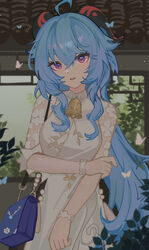  absurdres ahoge ai_dongdong bag blue_hair commentary_request dress female ganyu_(genshin_impact) ganyu_(heytea)_(genshin_impact) genshin_impact handbag highres horns long_hair looking_at_viewer official_alternate_costume parted_lips purple_eyes short_sleeves solo upper_body very_long_hair white_dress 