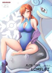  absurdres alternate_costume bare_shoulders blue_one-piece_swimsuit breasts character_name cleavage cleavage_cutout clothing_cutout commentary_request commission d.j_(dwcg2854) dated female full_body highres jacket lapras large_breasts legs long_hair lorelei_(pokemon) one-piece_swimsuit open_clothes open_jacket orange_eyes orange_hair pixiv_commission pokemon pokemon_(creature) pokemon_frlg purple_footwear purple_jacket purple_socks shoes single_shoe sitting socks swimsuit 