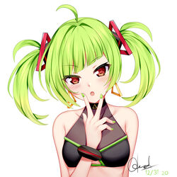  :o absurdres ahoge bare_shoulders blush breasts chrisandita collarbone commentary covered_collarbone crop_top dated delutaya delutaya_(1st_costume) diagonal_bangs earrings female green_hair green_nails head_tilt highres indie_virtual_youtuber jewelry looking_at_viewer nail_polish parted_lips red_eyes signature simple_background small_breasts solo twintails upper_body v_over_mouth virtual_youtuber white_background 