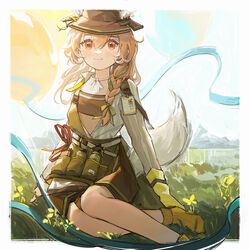  animal_ears arknights beanstalk_(arknights) beanstalk_(elite_ii)_(arknights) blush bottle braid brown_hair commentary ears_through_headwear eyebrows_hidden_by_hair fanny_pack female flower gloves hair_between_eyes hair_ribbon hat highres hyena_ears hyena_girl hyena_tail id_card jacket long_hair looking_at_viewer no_shoes notepad outdoors pen_liangshui_po_ya_po red_eyes ribbon single_braid sitting smile socks solo strapless tail tube_top yellow_flower yellow_gloves yellow_socks yokozuwari 