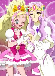  2girls blonde_hair bow cure_flora dress flora_(precure) gloves go!_princess_precure heart heart_hands heart_hands_duo multicolored_hair multiple_girls one_eye_closed onomekaman pink_background pink_dress pink_hair precure purple_hair streaked_hair waist_bow white_gloves yellow_eyes yes!_precure_5 yes!_precure_5_gogo! 