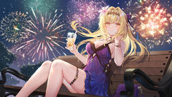  bianca_(punishing:_gray_raven) blonde_hair choker dress drink fireworks flowers garter headband lino_chang long_hair necklace night punishing:_gray_raven sky stars yellow_eyes 