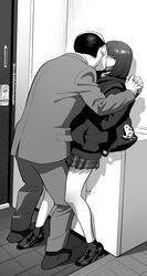  1boy absurdres age_difference backpack bag balding closed_eyes female forced_kiss formal greyscale hallway highres holding_hands hood hood_down hoodie interlocked_fingers jacket leg_between_thighs miniskirt monochrome old old_man original pants plaid plaid_skirt pleated_skirt school_uniform shoes skirt socks straight suit yukiyoshi_mamizu 