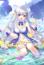  :d absurdres animal_ear_fluff animal_ears bell blush breasts bridal_garter cat_ears cleavage cloud day extra_ears falling_petals female flower_on_liquid foreshortening grey_hair hand_up heart highres jingle_bell leg_ribbon long_hair looking_at_viewer medium_breasts nail_polish navel neck_bell open_mouth original outdoors panties paru_(parucom) petals ribbon shadow shallow_water sitting sitting_on_water sky smile strapless teeth two_side_up underwear upper_teeth_only very_long_hair water wrist_cuffs yellow_footwear 