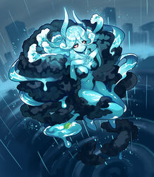  baniran_dorosu blue_horns blue_skin breasts cloud colored_sclera colored_skin creature dark_clouds female floating hair_between_eyes hands_on_own_chest highres horns large_breasts liquid_hair long_hair looking_at_viewer monster_girl navel original parted_lips rain rain_(baniran_dorosu) red_pupils red_sclera solo white_eyes 