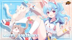  :3 animal animal_ears bandaid bandaid_on_knee bandaid_on_leg bell blue_hair bow bracelet cat_ears copyright_name copyright_notice english_commentary fake_animal_ears feline female food hair_ornament hairpin happy_birthday holding holding_food igarashi_haruna jewelry kusumoto_shizuru light_blue_hair logo looking_at_viewer mahjong_soul oerba_yun_fang official_art official_wallpaper pink_bow popsicle red_eyes shoes skin_fang smile sneakers sparkle sweatband 