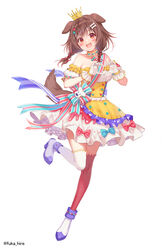  :d animal_ears ankle_cuffs asymmetrical_legwear bone_hair_ornament braid brown_hair choker cream crown detached_sleeves dog_ears dog_girl dog_tail dress fangs female frilled_dress frilled_gloves frills fukahire_(ruinon) full_body gloves gold_trim hair_ornament heart heart_hair_ornament heart_hands high_heels highres hololive hoso-inu inugami_korone inugami_korone_(saikyo_tensai_wonderful_world_of_korone) looking_at_viewer medium_hair mismatched_legwear official_alternate_costume official_art open_mouth red_eyes red_thighhighs ribbon ribbon_braid saikyo_tensai_wonderful_world_of_korone smile solo standing standing_on_one_leg star_(symbol) star_hair_ornament strapless strapless_dress striped striped_ribbon tail teeth thighhighs twin_braids twitter_username upper_teeth_only virtual_youtuber white_background white_gloves white_legwear yellow_dress zettai_ryouiki 