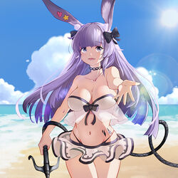  :d animal_ear_fluff animal_ears arknights bandeau bare_arms bare_shoulders beach bikini bikini_skirt black_bow blue_sky bow breasts cleavage cloud commentary cowboy_shot day english_commentary female grappling_hook groin hairbow heart holding large_breasts long_hair looking_at_viewer material_growth microskirt navel ocean official_alternate_costume okran open_mouth oripathy_lesion_(arknights) outdoors photoshop_(medium) purple_eyes purple_hair rabbit_ears reaching reaching_towards_viewer rope_(arknights) rope_(summer_flowers)_(arknights) skirt sky smile solo standing star_(symbol) stomach strapless strapless_bikini swimsuit thighs water white_skirt 