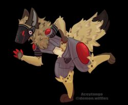  aceytango anthro brown_body digital_media_(artwork) fur hyena johmn machine male mammal protogen red_eyes screen screen_face simple_background smile solo spots spotted_hyena 