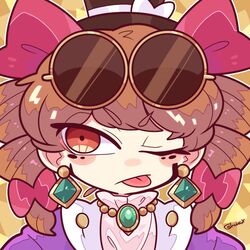  :p bow brown_hair coat dress earrings eyewear_on_head female harunori_(hrnrx) hat hat_bow high_collar jewelry necklace one_eye_closed orange_eyes pendant portrait round_eyewear solo sunglasses tongue tongue_out top_hat touhou white_dress yorigami_jo&#039;on 